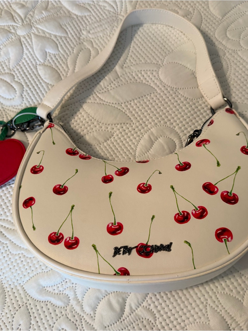 Betsey Johnson White Mini Shoulder Bag with Red Cherry Print